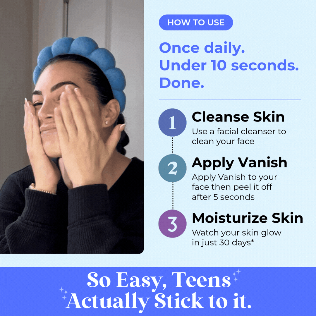 How to use Vanish DrySerum™: 3 steps — cleanse, apply and peel in under 10 seconds, then moisturize. Once daily routine