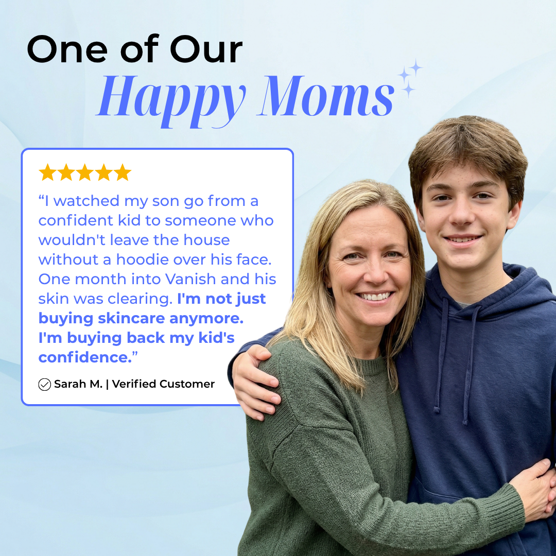Verified 5-star review: Sarah M. and teenage son smiling after Vanish DrySerum™ cleared his acne within one month